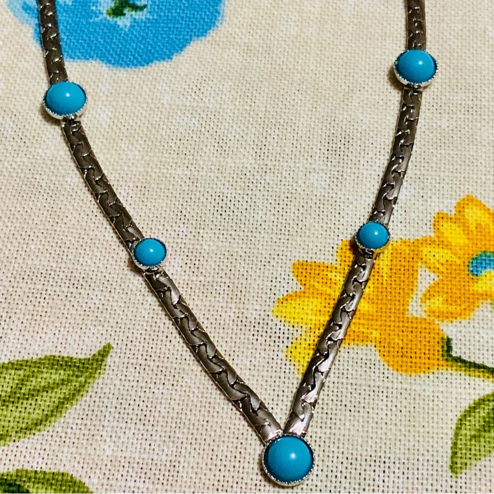 Vintage 70s Sarah Coventry Necklace Silver Tone Faux Turquoise - Picture 6 of 7